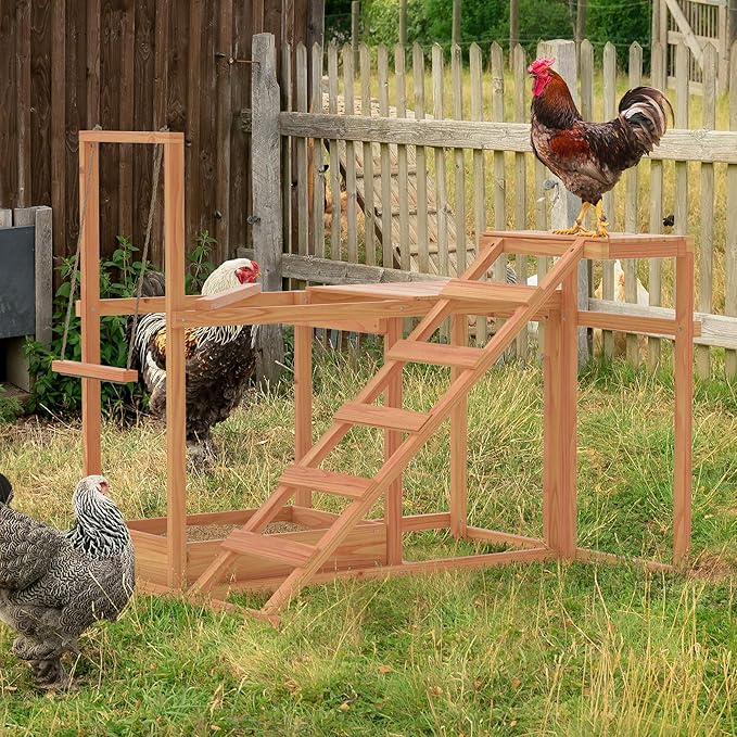 Chicken Coop, Chicken Perches with Swing Toy & Ladder & Platforms & Food Storage, Poultry Coop Cage Accessory Toy Outdoor for Entertainment Backyard Farm