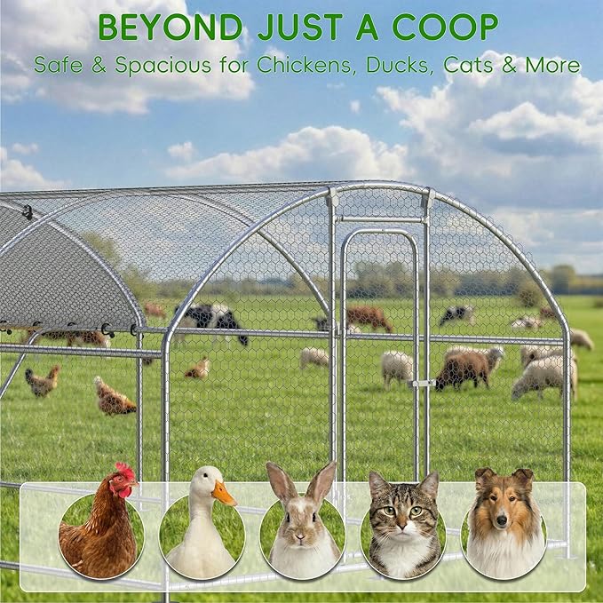 Large Metal Chicken Coop with Roosting Perch Walk-in Poultry Cage Chicken Run House Chicken Pen Dome Shaped Coop with Waterproof Cover for Outdoor Backyard Farm Use (10' L x 19.7' W x 6.4' H)