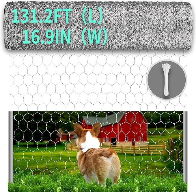 Chicken Wire, 16.9in x 131.2ft Poultry Netting for Garden, 0.6 Inch Hexagonal Galvanized Hardware Garden Fence for Craft Projects, Pet Dog, Rabbit Chicken Fence
