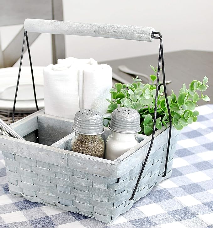 AuldHome Design Wood Basket Caddy (Gray Washed) 4-Compartment Carry-All Divided Organizer, Great for Easter/Spring Gift Basket