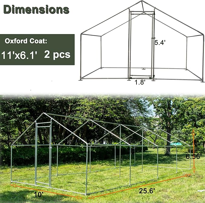IchbinGo Large Metal Chicken Coop with Waterproof Cover, Walk-in Metal Poultry Cage Spire Shaped Coop, Chicken Run Duck House with Anti-UV Cover for Outdoor Backyard Farm (10' L x 25.5' W x 6.56' H)