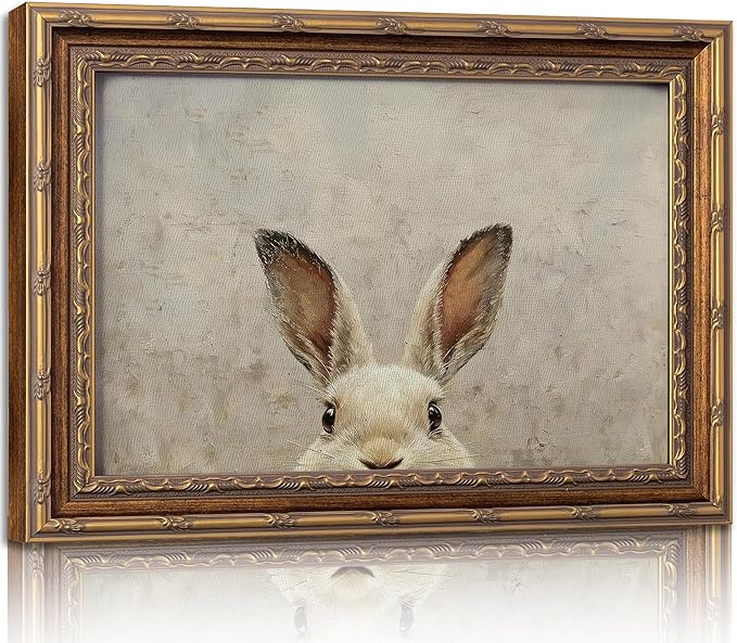 Vintage Gold Framed Wall Art Bunny canvas wall decor Easter Bunny Painting Prints Funny Rabbit Ears Picture Poster Retro Animals Artwork for Easter Decor Kids Room Home Living Bedroom 9x11in