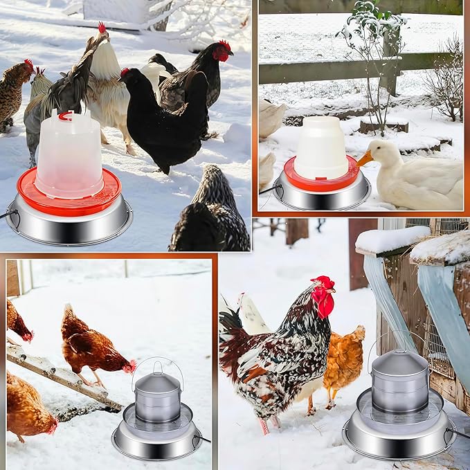 Chicken Water Heater for Winter, 11.8" Stainless Steel Heated Base for Poultry Drinker, 110V 60Watt Thermostatic Heater for 1-5 Gallon Chicken Waterer, US Plug, Anti-Rust, Safe for Coops and Barns