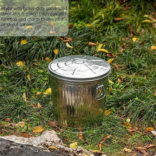 Gardenised Round Galvanized Steel 9 Gallon Trash Can with Lid and Handles Durable Metal Storage Bucket for Backyard Lawn Garden and Yard Use Weather-Resistant Garbage Can for Indoor and Outdoor