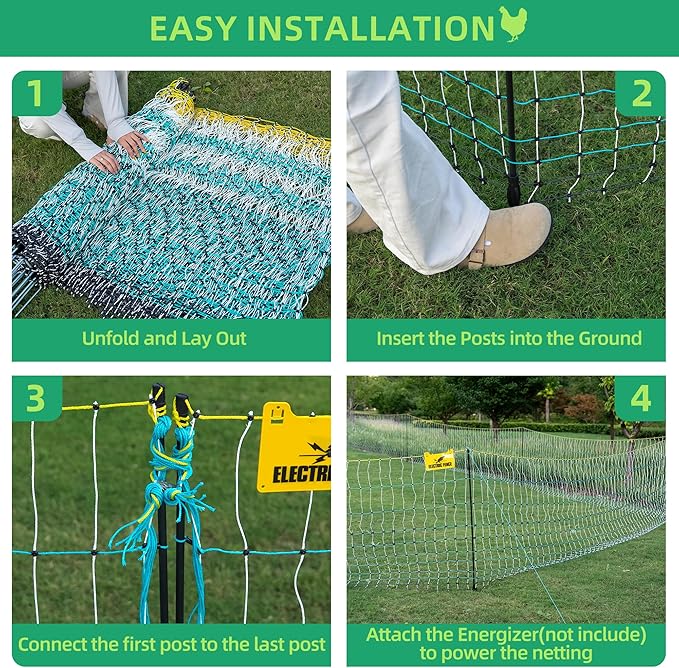 Poultry Netting Electric Fence - 41.5" H x 164' L, Portable Livestock Nets Mesh for Chickens, Ducks, Geese, Turkey, Electric Fencing for Backyards, Homesteaders, Farms, Ranches, Gardens