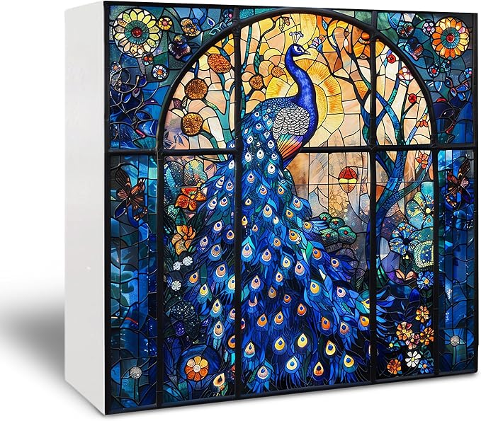 Peacock Gifts Wooden Sign - Peacock Feather Art Church Decor, Rustic Colored Glass Art Wooden Box Sign for Home Library Cafe Bathroom Table Desk Shelf Decoration, 5x5 Inch