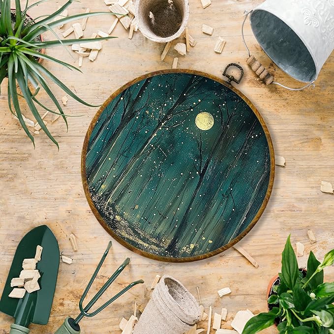 Hiuwevt Vintage Dark Academia Forest Round Wall Art Decor, Moody Forest Landscape Framed Canvas Prints, Goblincore Full Moon Round Wall Hanging Decor for Home Living Room Decorations, 10x10 Inches