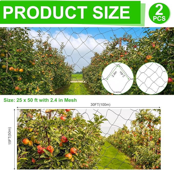 Windyun 2 Pcs 50' X 100' Bird Netting Bird Net Chicken Coop 2.4" Mesh Heavy Duty Deer Fence Aviary Net Reusable Fruit Tree Poultry Barrier for Garden Protection Vineyard Against Hawk Squirrel, Black