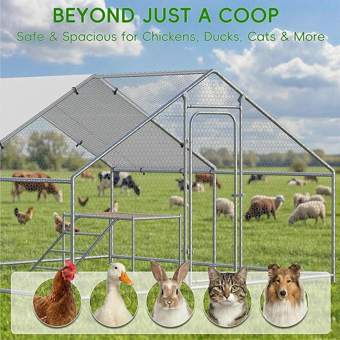 Large Metal Chicken Coop with Roosting Ladder, UV-Resistant and Waterproof Cover, Outdoor Walk-in Cage Hen House for Yard Farm Rabbit Duck Chicken Run, Spire Roof (13.1'W x 9.8'L x 6.4'H)