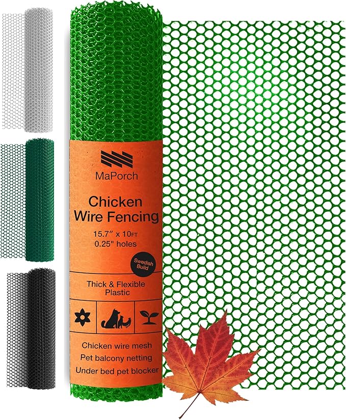 MaPorch Plastic Chicken Wire Mesh Fence - Green Mesh, 15.7 in x 10 ft - Weather-Resistant Protection & Animal Barrier Fence - Easy-Cut Netting for Garden Fencing - Quick-Install Poultry & Pet Netting