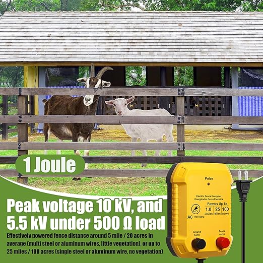 Electric Fence for Preventing Animals Intruding 2 Mile 110VAC 1 Joule Electric Plug in Fence, 50 Black Insulator and 1 Socket Tool 250ft Aluminum Wire for Animals and Keep Out Predators