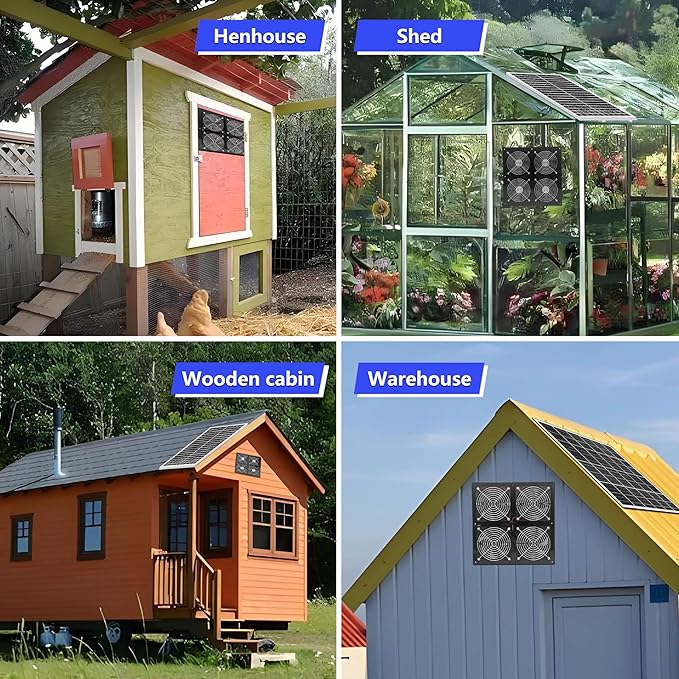 Solar Exhaust Fan for Greenhouse, Solar Chicken Coop Fan with 25W Solar Panel & 4 Pcs High-Speed Brushless DC Ventilation Fans for Shed,Attics,Barns,Dog Houses with 6000mAh Battery