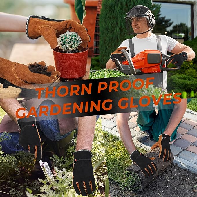 HANDLANDY Leather Work Gloves for Men and Women, Utility Tough Cowhide Glove