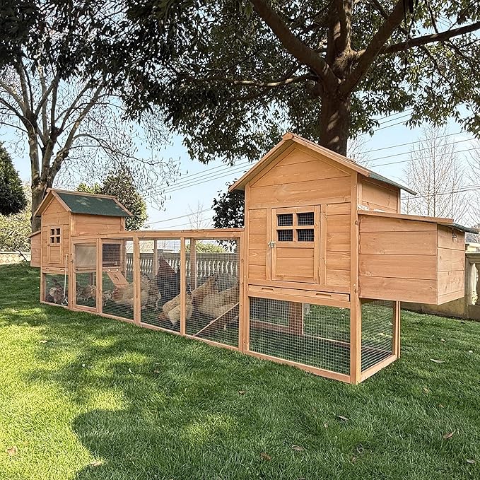 Outdoor Chicken Coop for 4-8 Chickens Wooden Hen Rabbit House Poultry Pet Hutch Run Cage w/Waterproof Asphalt Roof, Ramp, Nesting Box, Wire Fence (160")