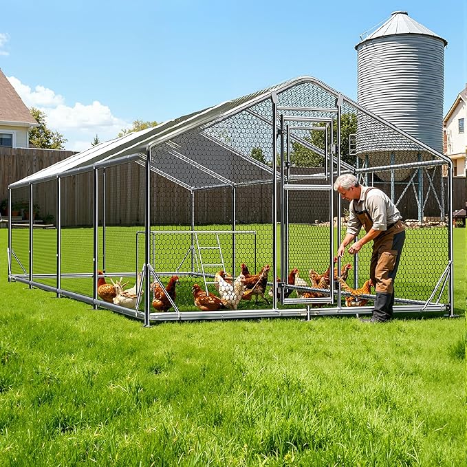 10x26FT Large Metal Chicken Coop, Dutch Door Chicken Run with Waterproof Cover and Hardware Cloth, Walk in Chicken Coop for Hen House, Duck Coop and Rabbit Run