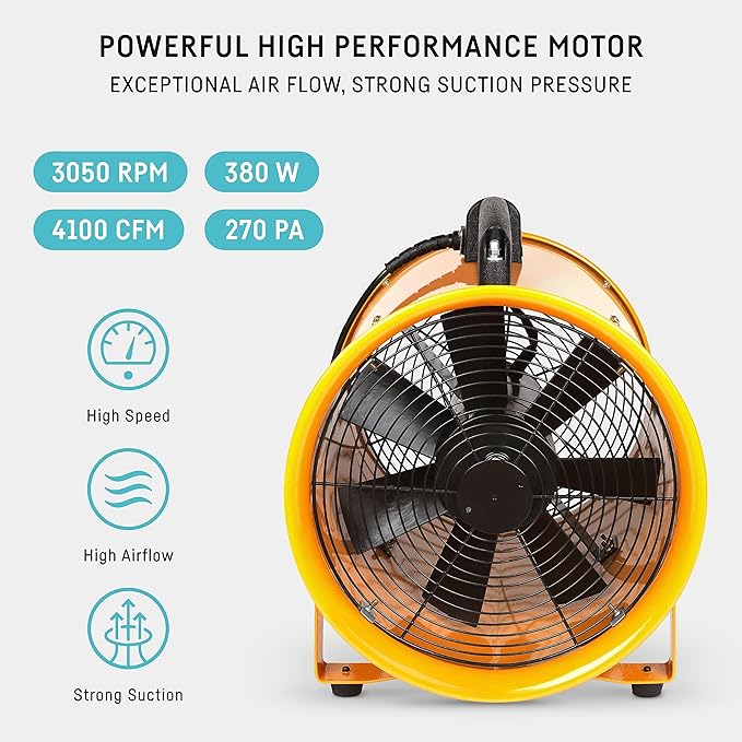 neverest® 12-Inch Industrial Blower Fan, High-Powered 4100 CFM Portable Blower/Exhaust Fan with 32ft Flexible Hose, 7ft Cable/Plug, Heavy-Duty Exhaust Fan for Construction, Workshops