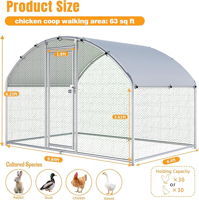Large Metal Chicken Coop, Chicken Runs for Yard with Cover Walk-in Poultry Cage for 8 10 16 Chickens,Chicken Pen Duck Coop with Round Water-Resident Top and Feeding Door,Hen House 6.4Lx9.84Wx6.23'H FT