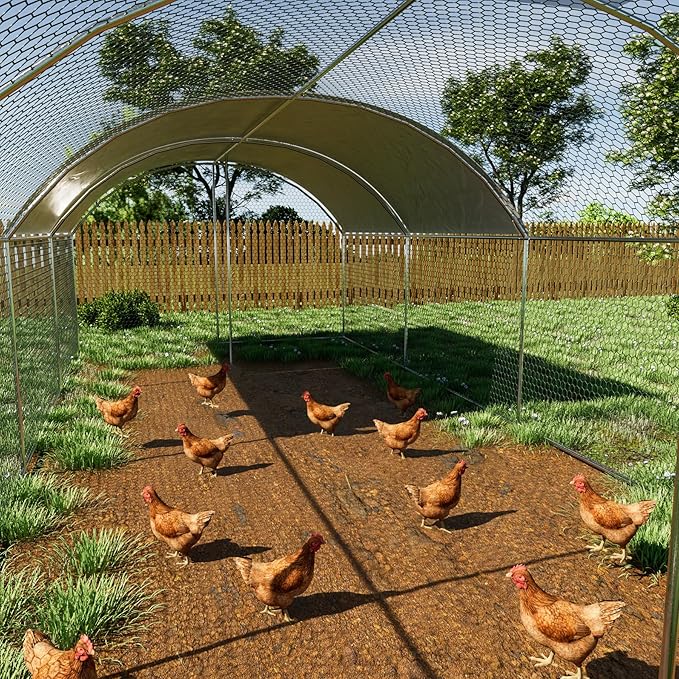 OUYESSIR Outdoor Metal Chicken Coop, Large Walk-in Chicken Run Pen with Waterproof Cover, Rabbit Habitat Dome Roof Poultry Cage for Backyard Farm Use (10'W x 26'L x 6.56'H)