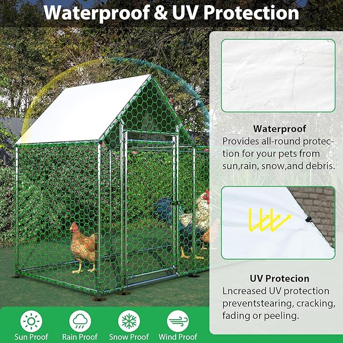 Metal Chicken Coop with Waterproof Cover, 10x3x5ft Chicken Run for Yard, Outdoor Backyard Farm Walk-in Hen House, Chickens Poultry Cage for Ducks, Rabbits and Small Pets