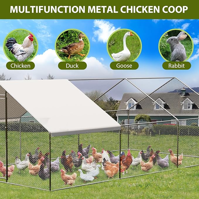 Large Walk-in Chicken Coop with Run, 9.8' x 19.7' Outdoor Chicken Runs for Yard with Cover, Metal Poultry Cage for Chickens, Ducks, Birds