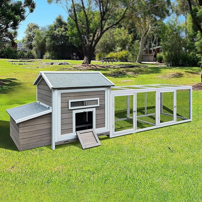 Large Wooden Chicken Coop Outdoor Hen House with Nesting Box，Walk-in Poultry Cage with Secure Locks, Metal Mesh Run for Backyard Farm Use (Gray 118")