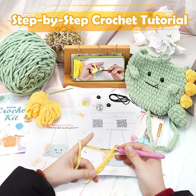 Alvian Crochet Kit for Beginners Crossbody Wallet Belt Bag Crochet Starter Kits Craft Knitting Crocheting Kits with Yarn, Hook, & Tutorial Gift for for Birthday (Green-Dinosaur Bag)