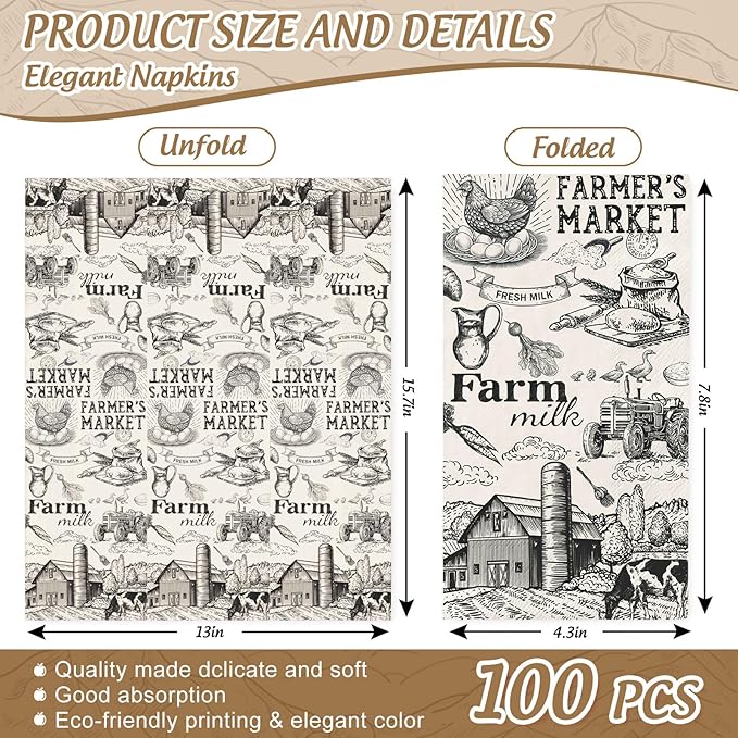 100Pcs Milk Farm Guest Napkins Cow House Disposable Paper Napkin Vintage Farmhouse Dinner Hand Napkins for Party Supplies Table Decor