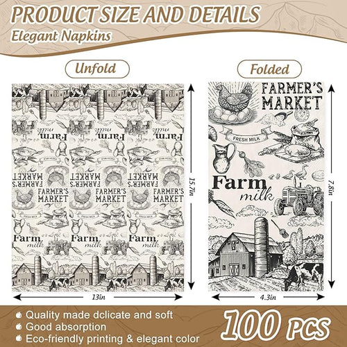 100Pcs Milk Farm Guest Napkins Cow House Disposable Paper Napkin Vintage Farmhouse Dinner Hand Napkins for Party Supplies Table Decor