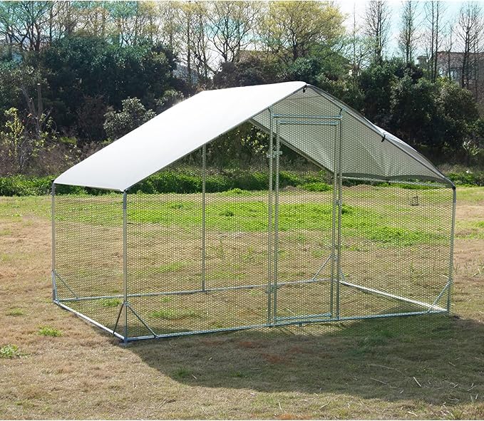 Large Metal Chicken Coop Walk-in Poultry Cage Hen Run House Habitat Spire Shaped Cage with Waterproof and Anti-Ultraviolet Cover for Outdoor Backyard Farm Use (6.5’ L × 9.84’ W)