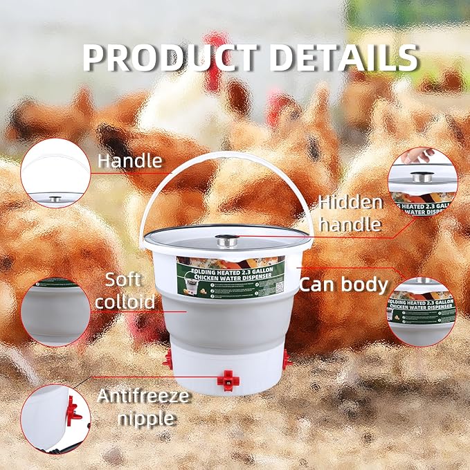 Foldable 2.3 Gallon Chicken Water Bucket, Hanging Type, Suitable for Chickens, Pigeons, Quails, and Other Large Animals 1Pcs.