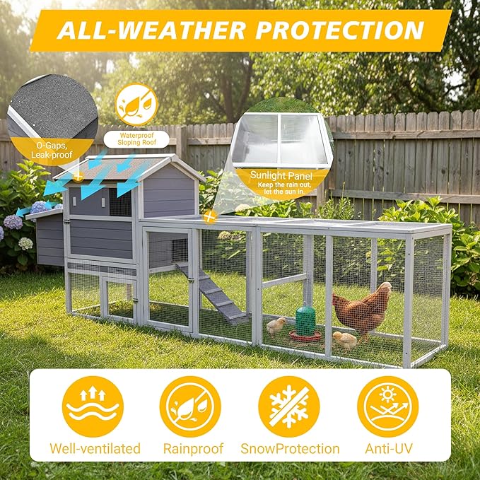 Chicken Coop with Run,Large Outdoor Chicken House with Nesting Box for 2-6 Chickens,Outdoor Wooden Hen House Poultry Pet Hutch Run Cage (Gray+White)