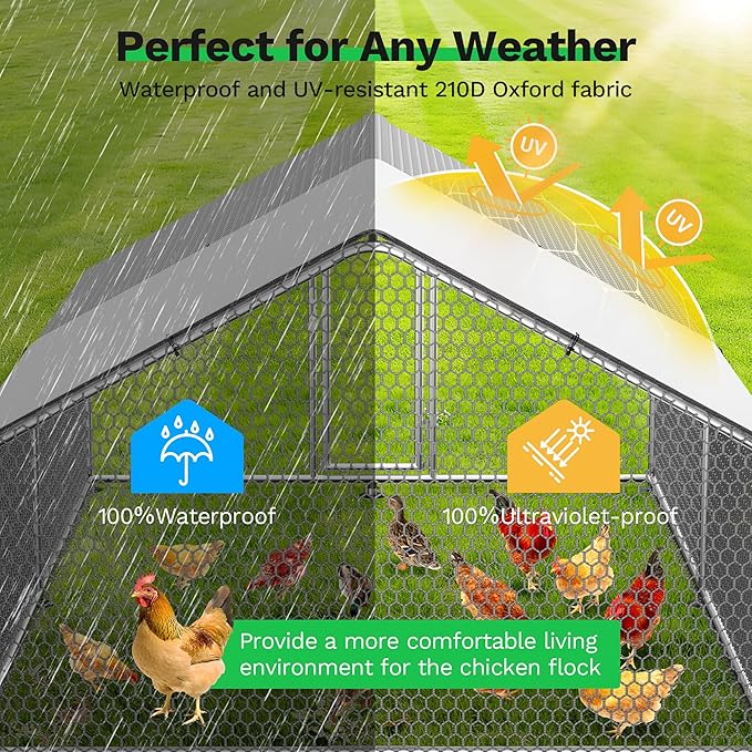 Large Metal Chicken Coop,13.1'L x 9.8'W x 6.6'H Chicken Run,Walk in Chicken Pen with Cover for Yard,Large Poultry Cage for Duck Rabbit