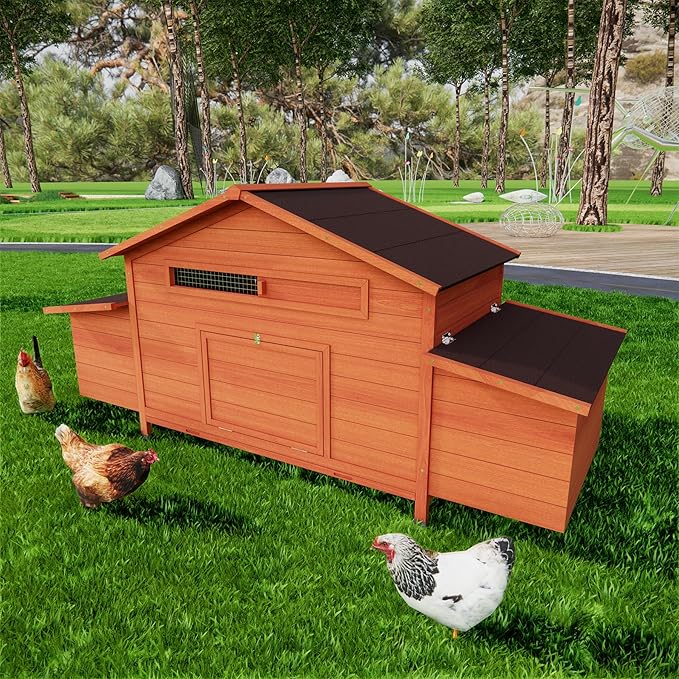 Wooden Chicken Coop for 2-4 Chickens, Large Outdoor Chicken House with Dual Nesting Boxes, Free Range Doors, Leakproof Pull Out Tray, Poultry Hutch for Backyard, Brick Red