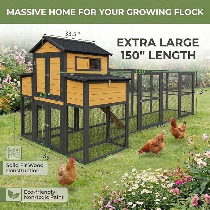 Predator-Proof Large Chicken Coop with Run for 4-8 Chickens | 150" Extra Large Wooden Hen House & Walk in Chicken Coop | Outdoor Duck Coop, Poultry Cage & Nesting Boxes | Jaulas para Gallinas