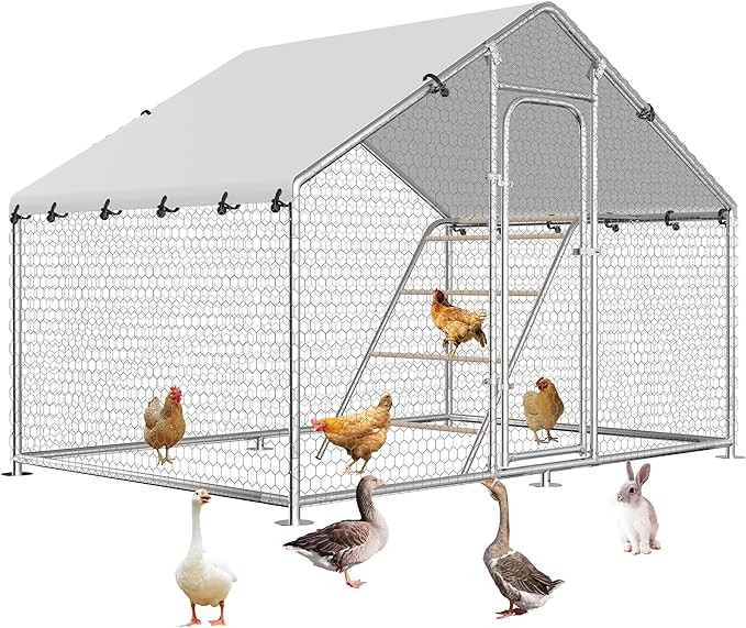Large Metal Chicken Coop with Roosting Perch, UV-Resistant and Waterproof Cover, Chicken Run Outdoor Walk-in Cage Rabbit Duck Hen House for Yard Farm Use Spire Roof (10’ W x 4.9’ L x 6.4’ H)