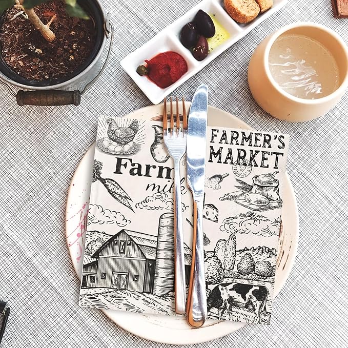 50Pcs Milk Farm Paper Napkins Cow House Disposable Luncheon Napkins Vintage Dinner Hand Napkin for Farmhouse Home Party Supplies Table Decor