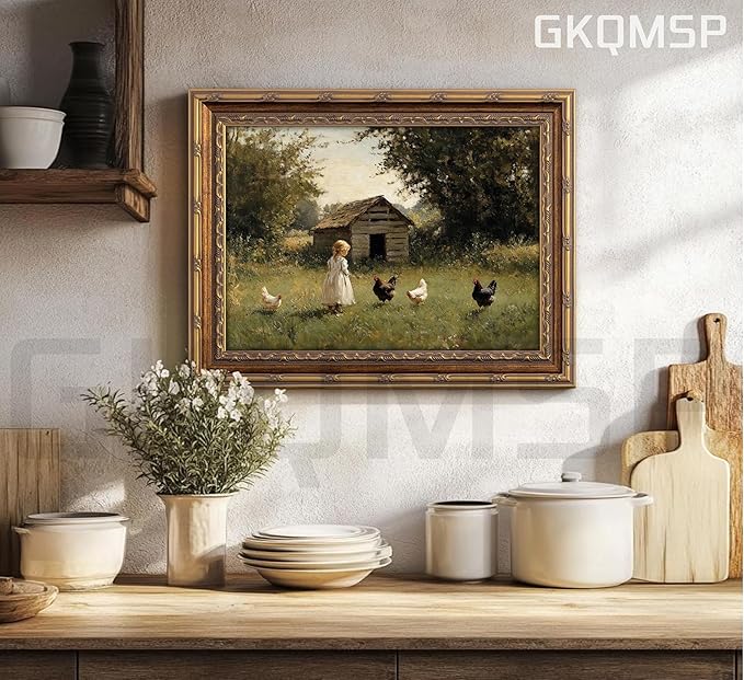 Vintage Gold Framed Farmhouse Chicken Wall Art Retro Country Farm Girl and Chicken Canvas Wall Decor Retro Rustic Poster Artwork Farmhouse Animal Picture for Home Living Bedroom 12x16in