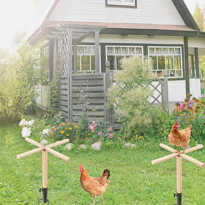 Chicken Perch Toys for Coop, Wooden Chick Perch Stand with Metal Ground Plug Chicken Coop Accessories, Chicken Roosting Ladder Backyard Playground Suitable for Poultry Rooster Chicks Bird Parrot