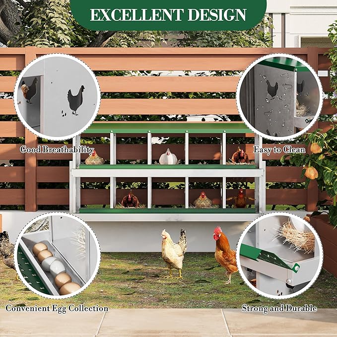 Metal Nesting Boxes for Chickens - 10 Compartments Chicken Roosting Boxes, Chicken Coop Nest Box with Legs, Perch & Lid - Versatile Wall Mount or Free Standing for Backyard Flock, Homestead, Farm