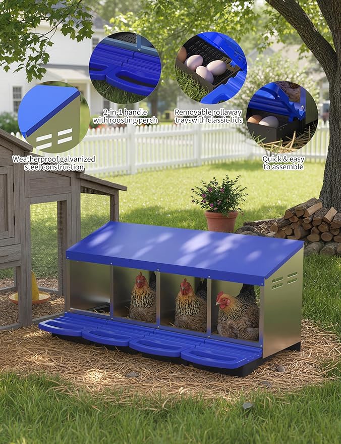 Chicken Nesting Boxes, 4 Hole Metal Rollaway Nest Box for Laying Hens with Cleanable Pull-Out Trays Wall Mount or Placed Design for Easy Egg Collection & Cleaning