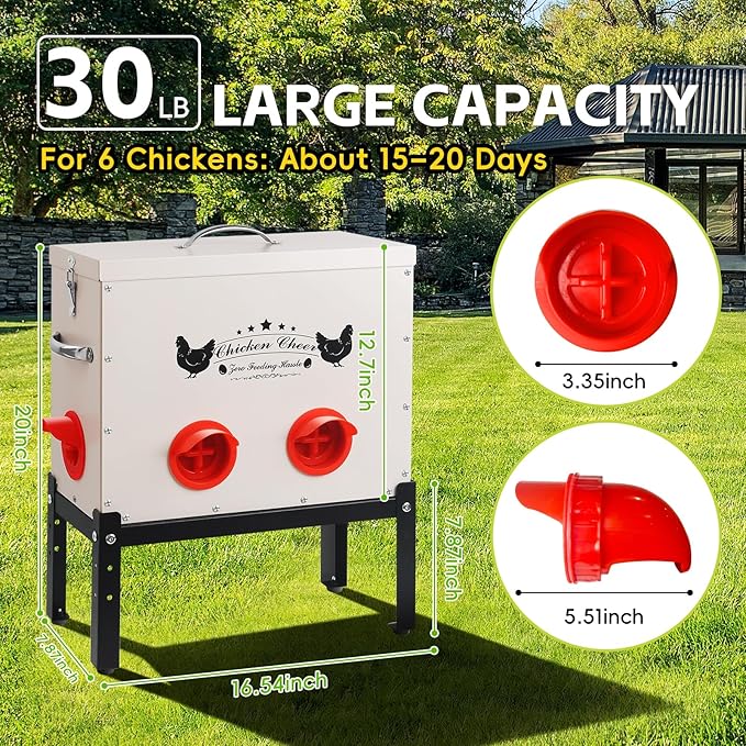 DRQ 30 LB Automatic Chicken Feeder, Metal Chick Feeder with 6 No-Waste Ports, Waterproof Poultry Feeder with Adjustable Legs, Locking Lid & Riveted Handles for Outdoor Chicken Coops