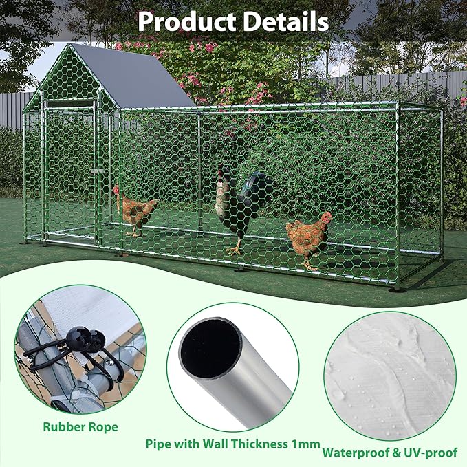 Metal Chicken Coop with Waterproof Cover, 10x3x5ft Chicken Run for Yard, Outdoor Backyard Farm Walk-in Hen House, Chickens Poultry Cage for Ducks, Rabbits and Small Pets