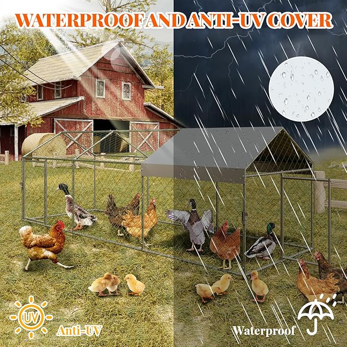Large Metal Chicken Coop, Chicken Runs for Yard with Waterproof and Anti-Uv Cover, Portable Chicken Coop for Outdoor Chicken Rabbit Duck, Silver, 120 in ×40 in×40 in