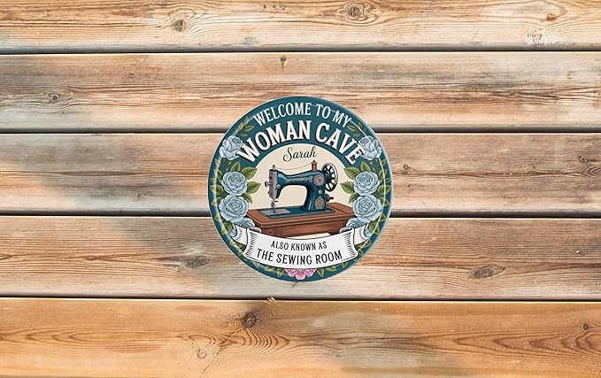 AWISZZZ Woman Cave Sewing Room Metal Sign 8x8in Round Vintage Plaque for Craft Space Wall Decor Seamstress Gift