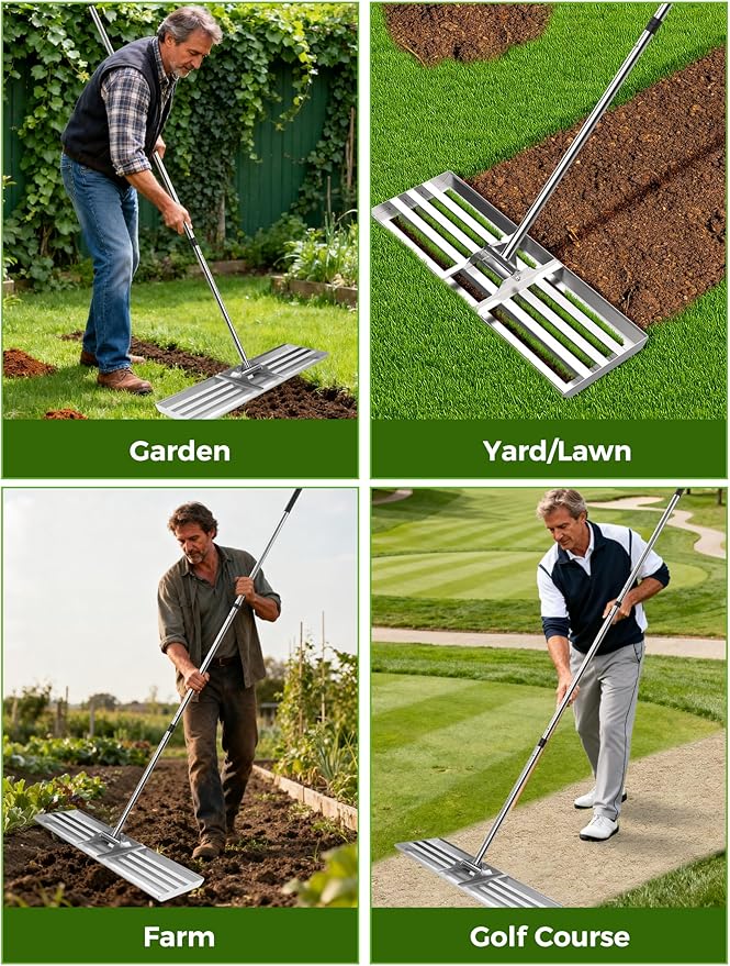 Lawn Leveling Rake 30"x10", Professional-Grade Stainless Steel Lawn Leveler Tool with 78" Adjustable Handle, Heavy Duty Anti-Fracture Connectors, Landscape Rake for Backyard, Garden, Golf Course, Farm
