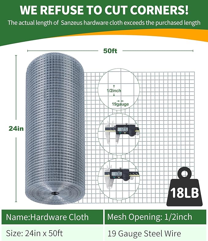 Hardware Cloth,1/2inch 24inx50ft 19 Gauge,Double-Layer Hot-Dip Galvanizing After Welding,Chicken Wire Netting Garden Wire Fencing Rabbit Snake Fence Chicken Coop Plant Supports