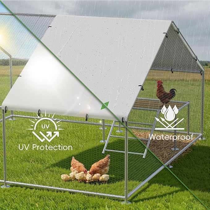 Large Metal Chicken Coop with Roosting Ladder, Waterproof and UV-Resistant Cover, Outdoor Walk-in Cage Hen House for Farm Yard Rabbit Duck Chicken Run, Spire Roof (13.1'W x 9.8'L x 6.4'H)