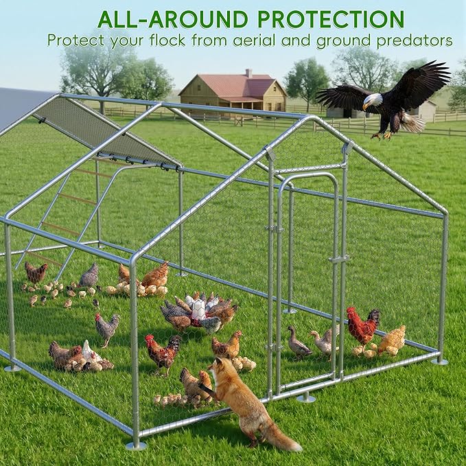 Large Metal Chicken Coop with Roosting Perch, Waterproof and UV-Resistant Cover, Outdoor Walk-in Cage Hen House for Yard Farm Rabbit Duck Chicken Run with Spire Roof (10'W x 19.7'L x 6.4'H)
