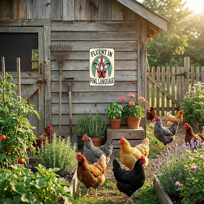 Funnysign Chicken Gifts Vintage Chicken Fluent In Fowl Languages Tin Sign for Chicken Coop Farm Kitchen Garden Yard Decor 8x12 inch(3917)