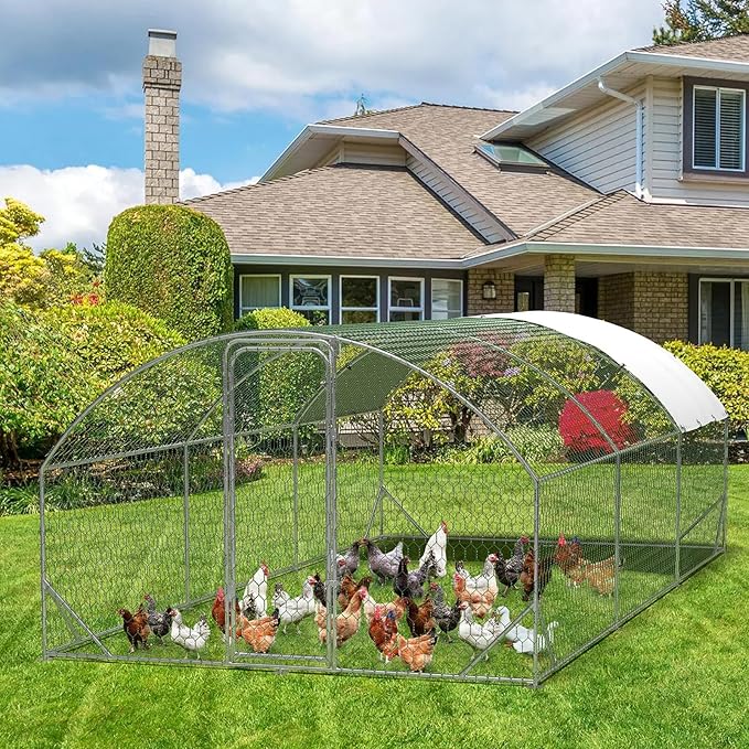 Large Metal Chicken Coop, Walk-in Poultry Cage, Chicken Run Pen House with Reinforcement & Waterproof & Anti-Ultraviolet Cover Chicken Coop Run with Lockable Doors for Outdoor 9.8 x 19.7 x 6.6ft